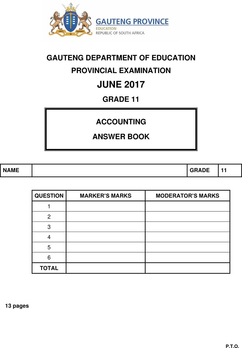 Grade 11 Provincial Exam Accounting June 2017 QP Answer Book