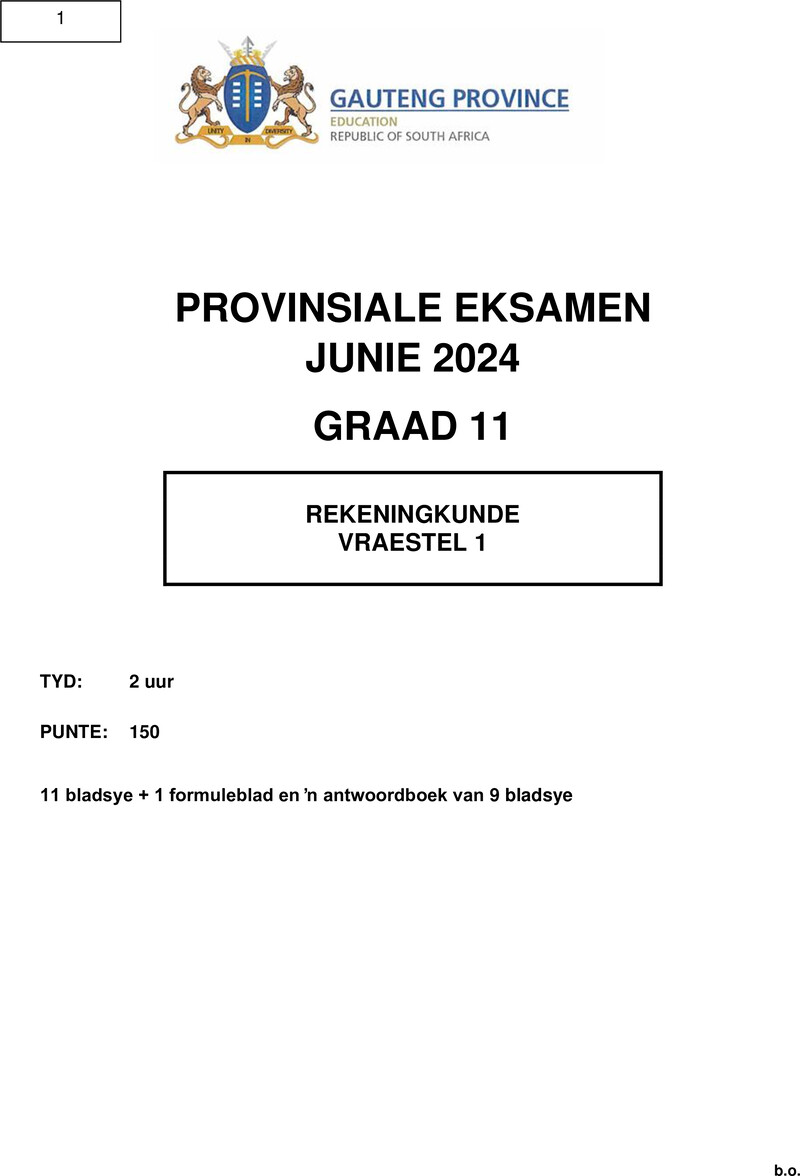 Grade 11 Provincial Exam Accounting P1 Afr June 2024 QP