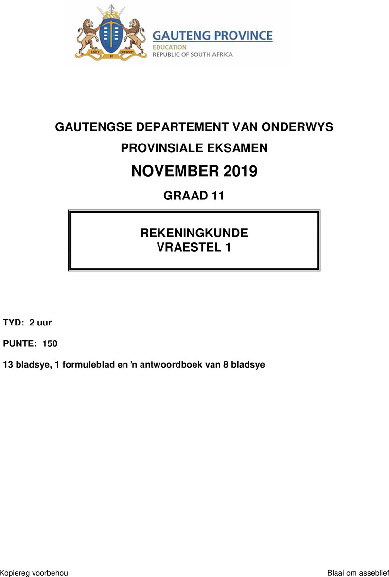 Grade 11 Provincial Exam Accounting P1 Afr November 2019 QP
