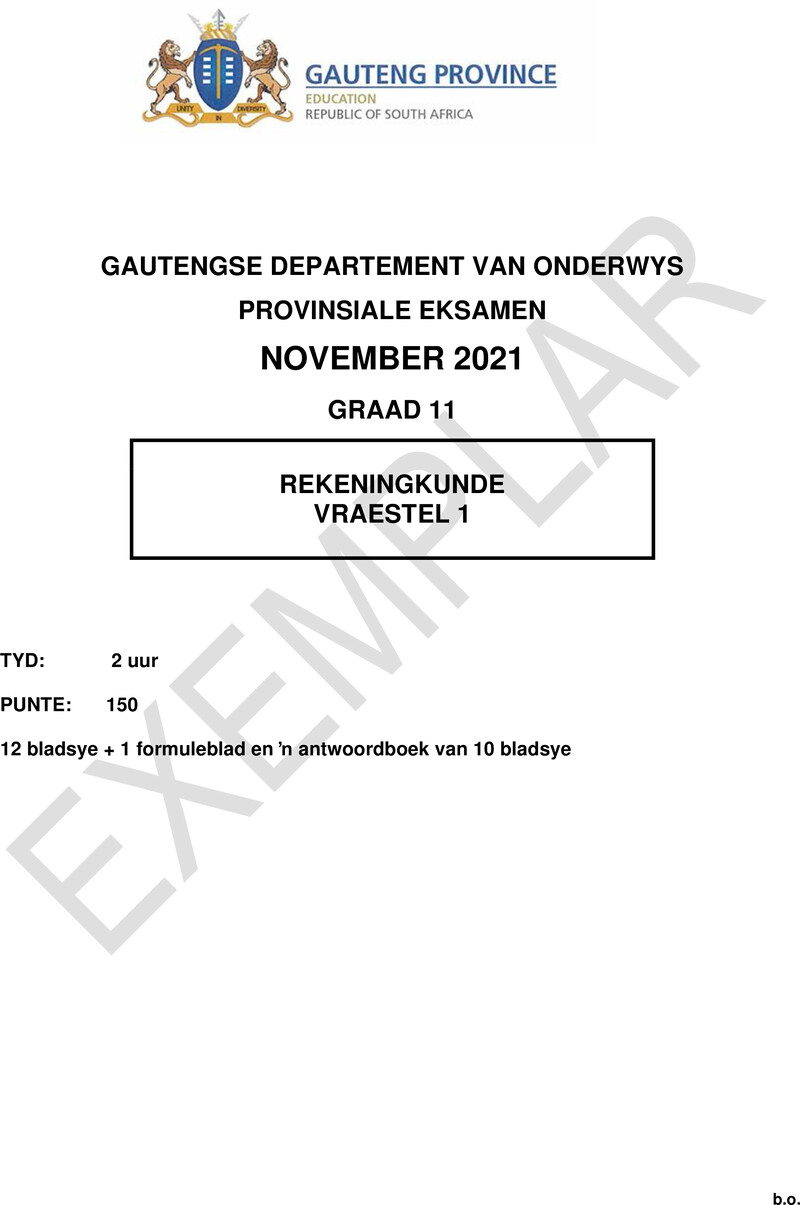 Grade 11 Provincial Exam Accounting P1 Afr November 2021 QP