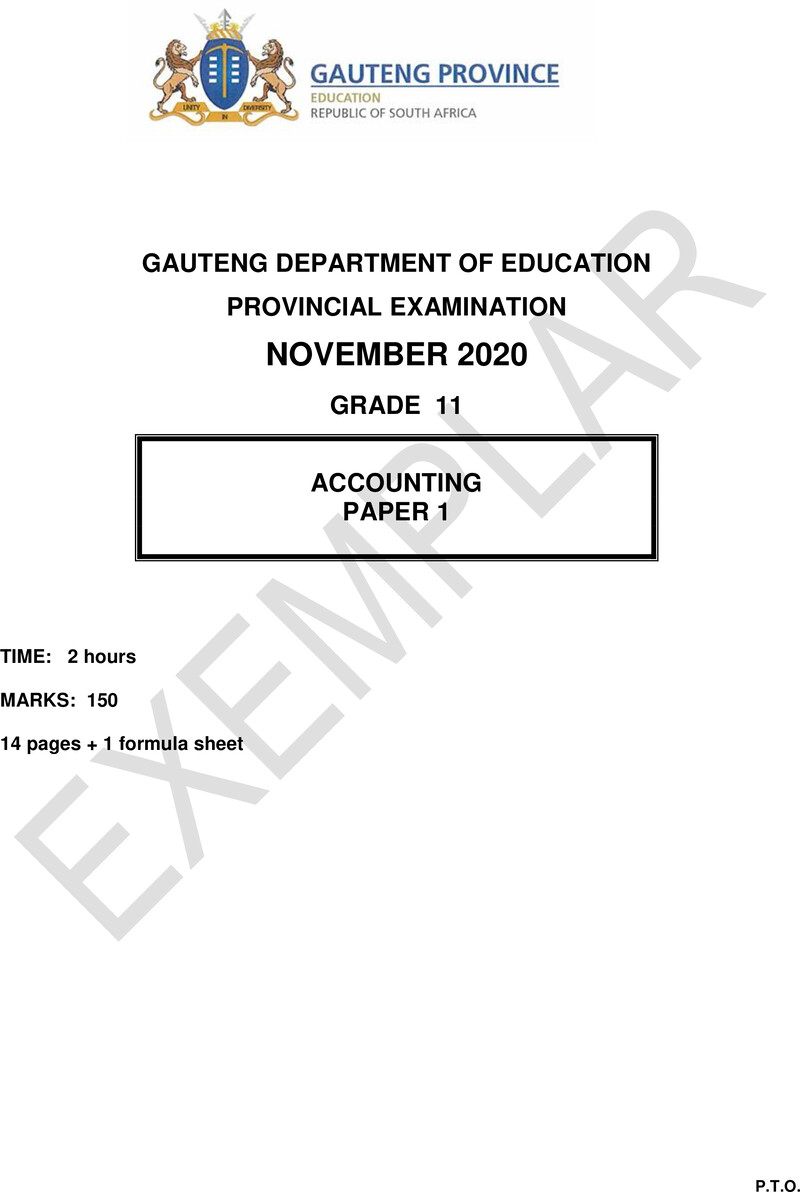 Grade 11 Provincial Exam Accounting P1 Ng 2020 Exemplars QP
