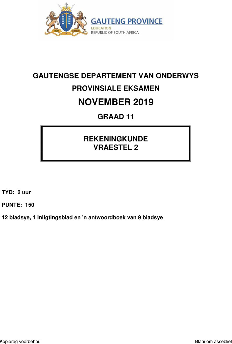 Grade 11 Provincial Exam Accounting P2 Afr November 2019 QP