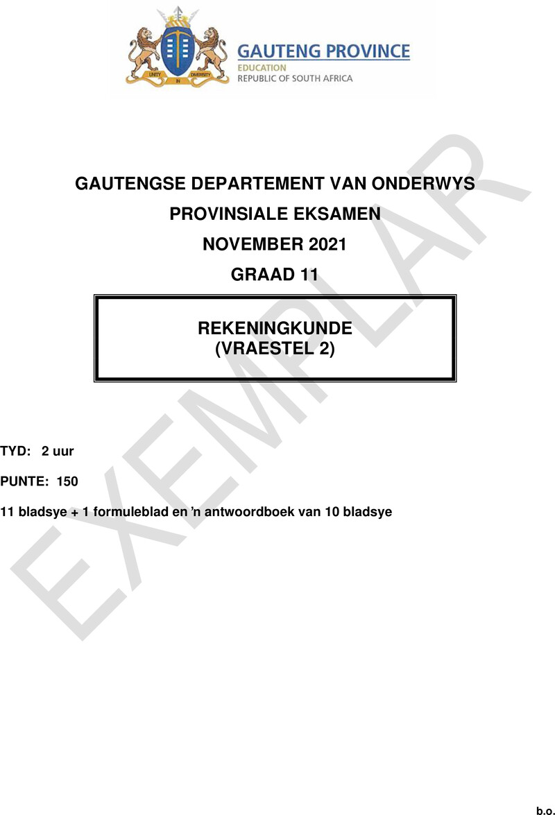 Grade 11 Provincial Exam Accounting P2 Afr November 2021 QP