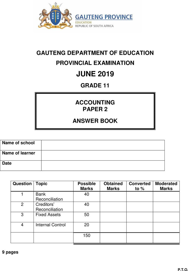 Grade 11 Provincial Exam Accounting P2 Ng June 2019 Answer Book