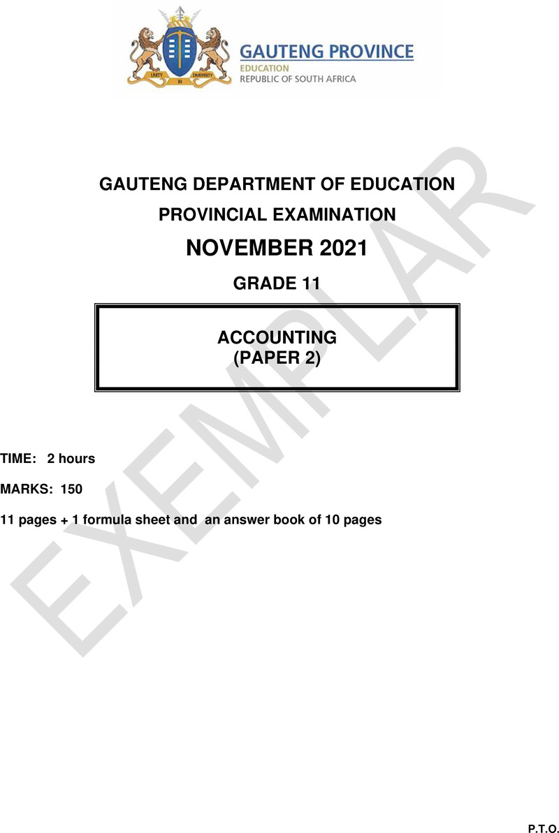 Grade 11 Provincial Exam Accounting P2 Ng November 2021 QP