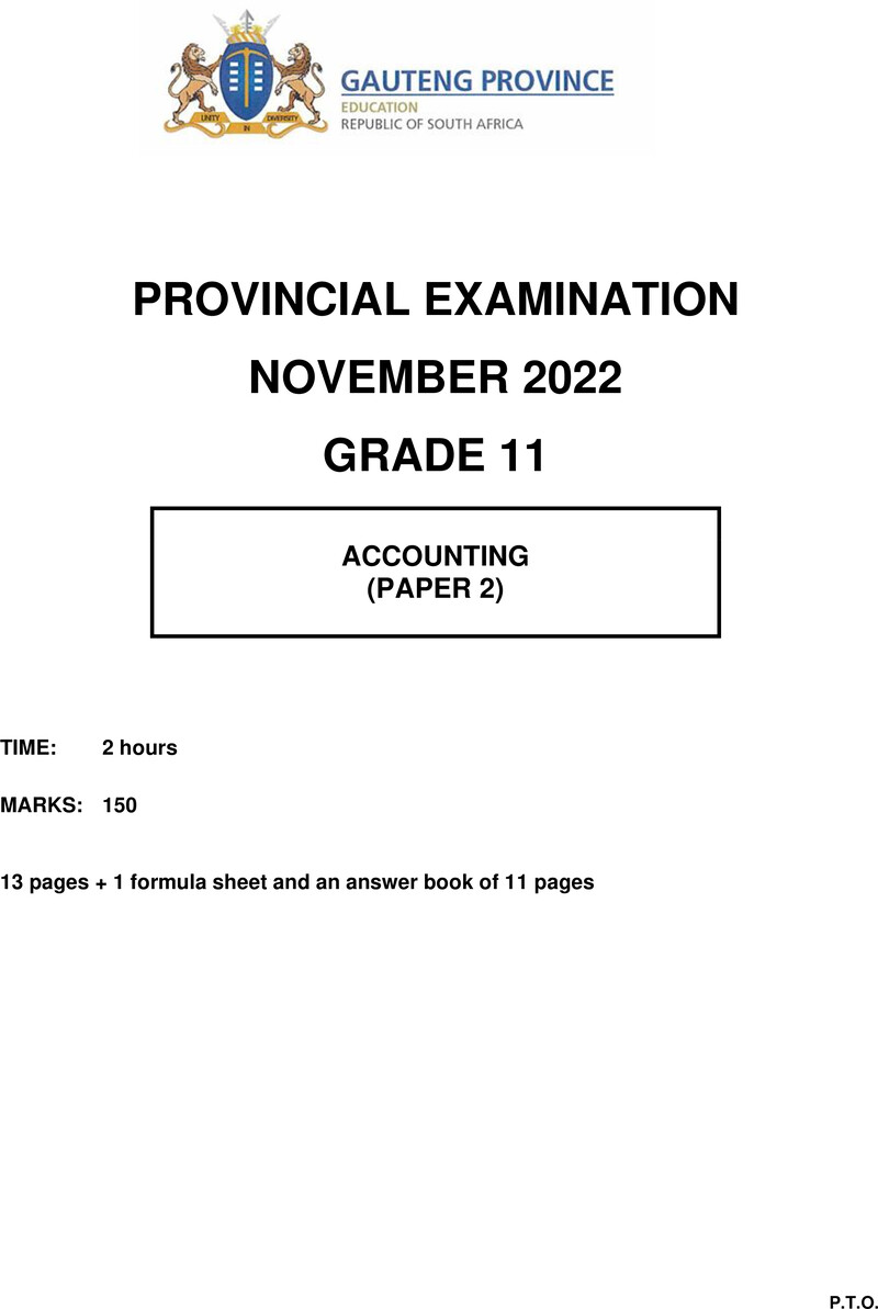 Grade 11 Provincial Exam Accounting P2 Ng November 2022 QP