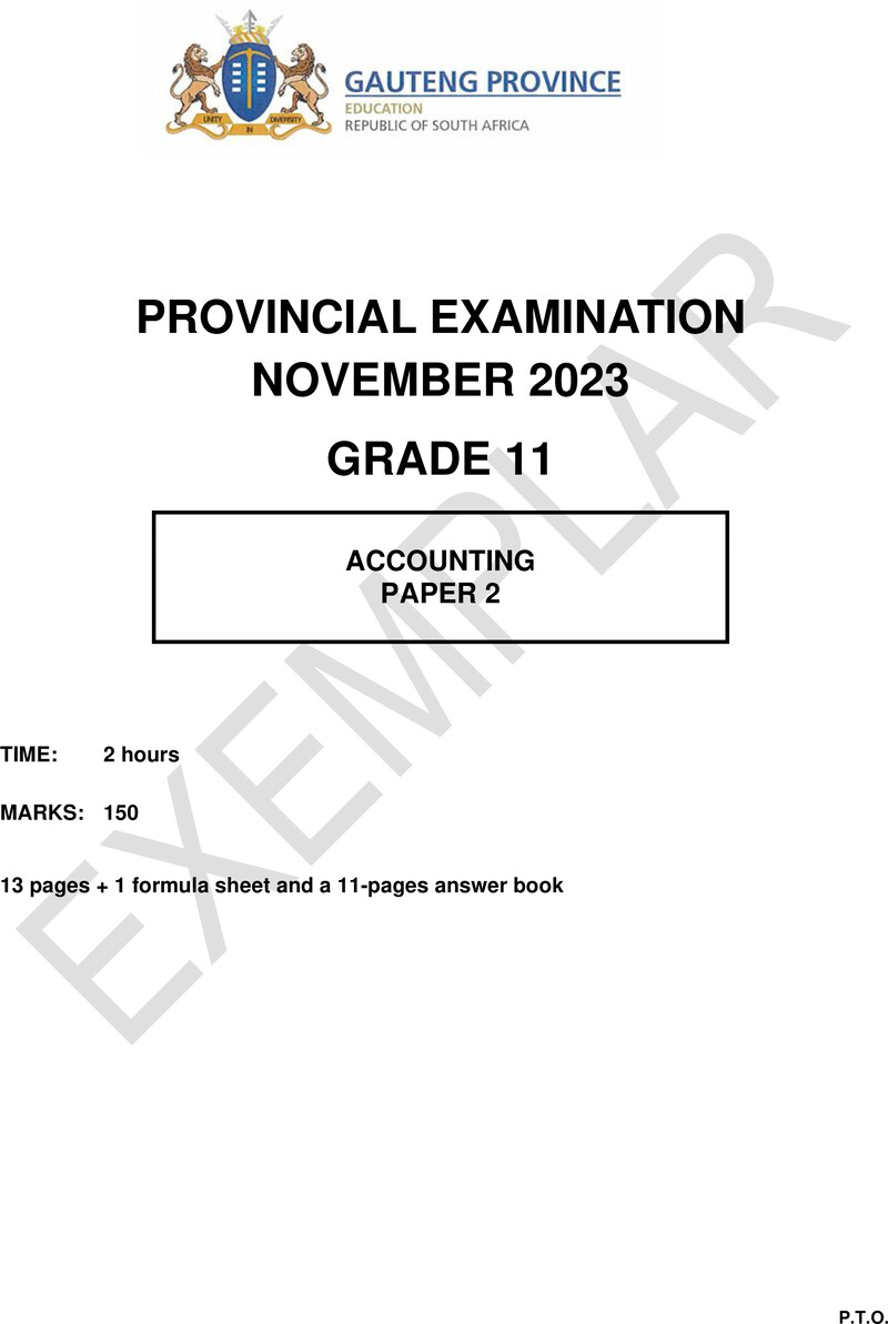 Grade 11 Provincial Exam Accounting P2 Ng November 2023 QP