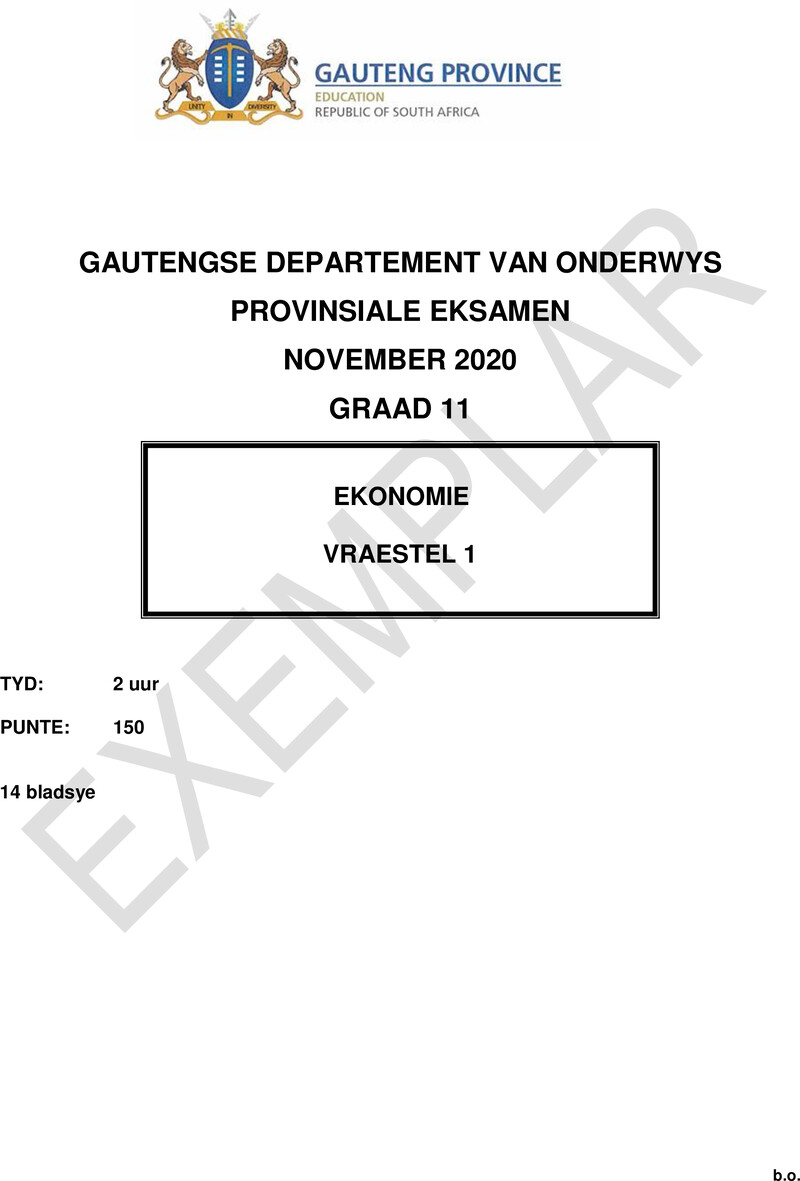 Grade 11 Provincial Exam Economics P1 Afr 2020 Exemplars QP