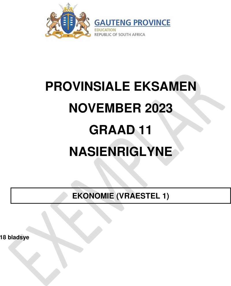 Grade 11 Provincial Exam Economics P1 Afr November 2023 QP