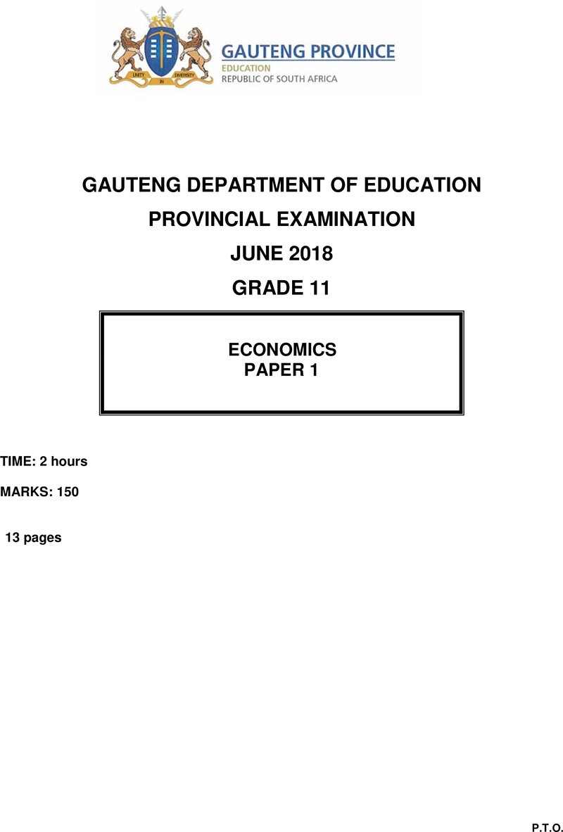 Grade 11 Provincial Exam Economics P1 June 2018 QP