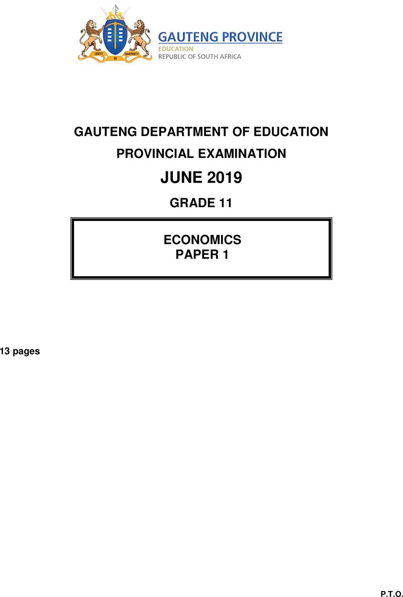 Grade 11 Provincial Exam Economics P1 Ng June 2019 QP