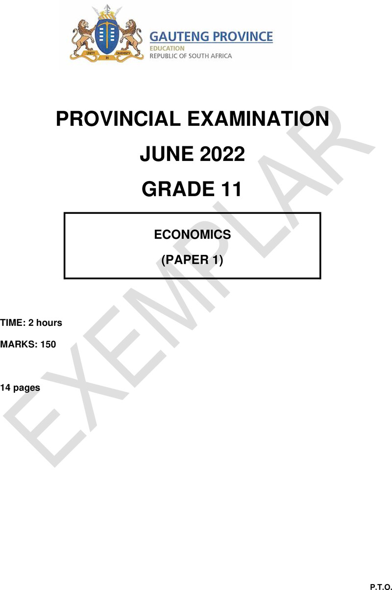 Grade 11 Provincial Exam Economics P1 Ng June 2022 QP