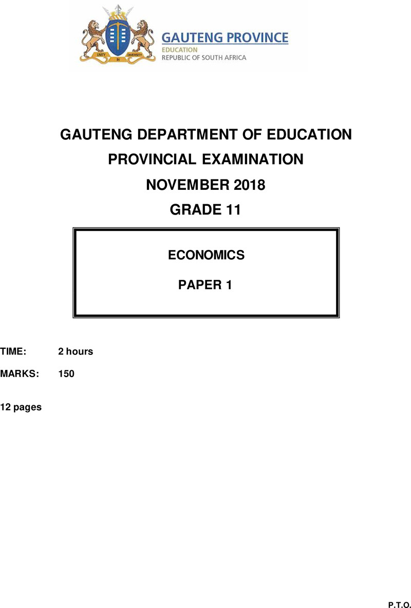 Grade 11 Provincial Exam Economics P1 November 2018 QP