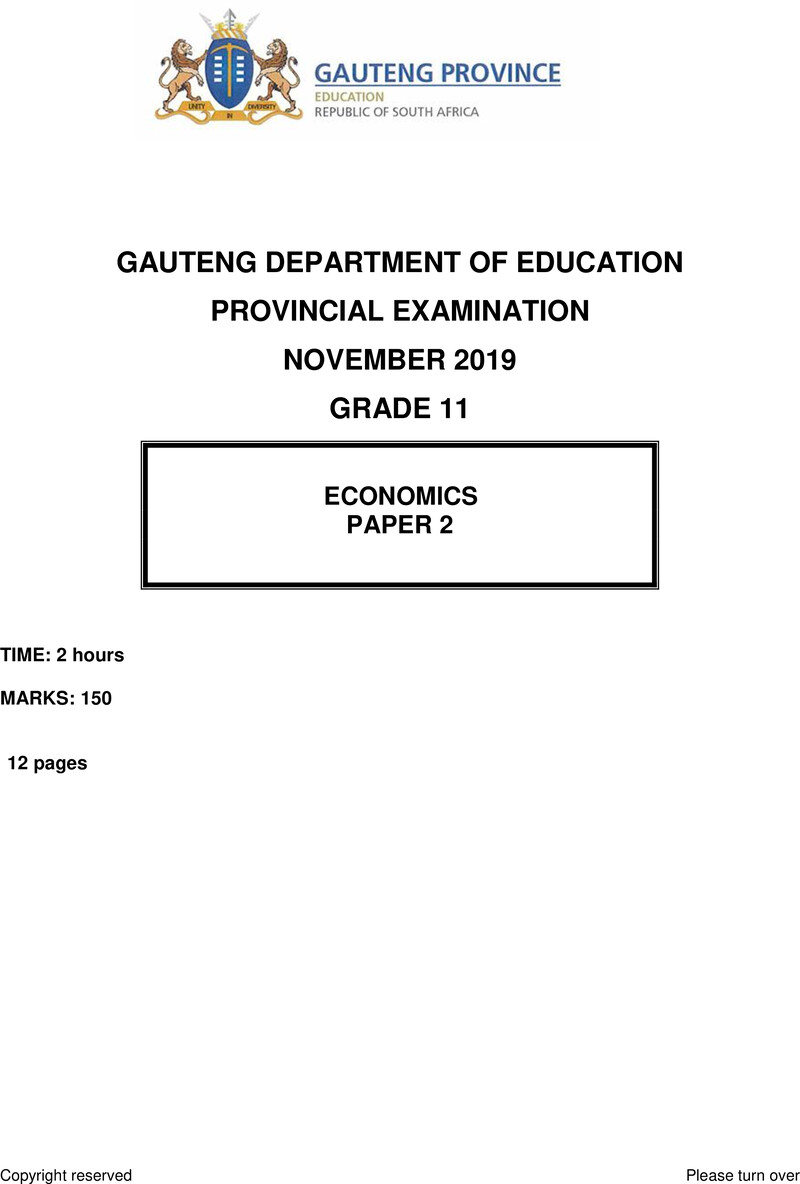 Grade 11 Provincial Exam Economics P2 Ng November 2019 QP