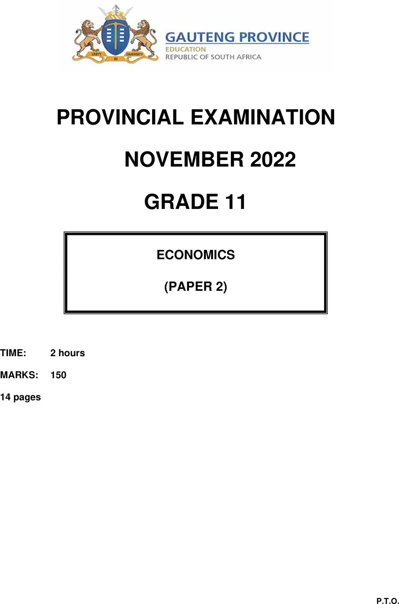 Grade 11 Provincial Exam Economics P2 Ng November 2022 QP