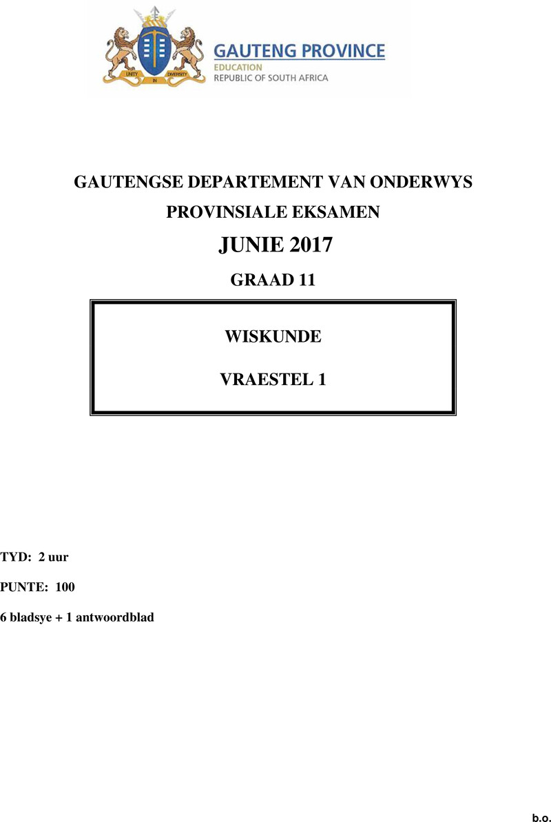 Grade 11 Provincial Exam Mathematics P1 Afr June 2017 QP