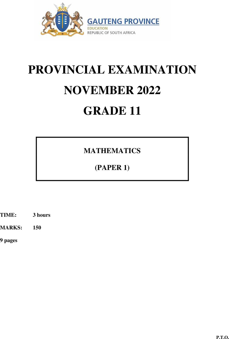 Grade 11 Mathematics past paper 2022 – grade 11 provincial exam mathematics p1 ng november 2022 qp
