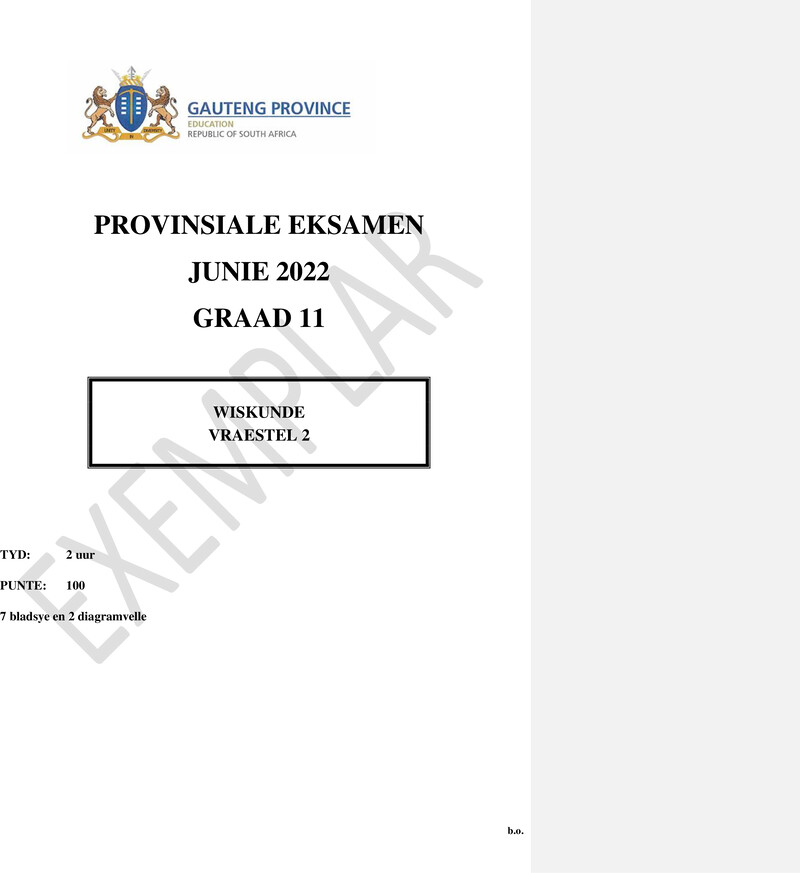 Grade 11 Provincial Exam Mathematics P2 Afr June 2022 QP