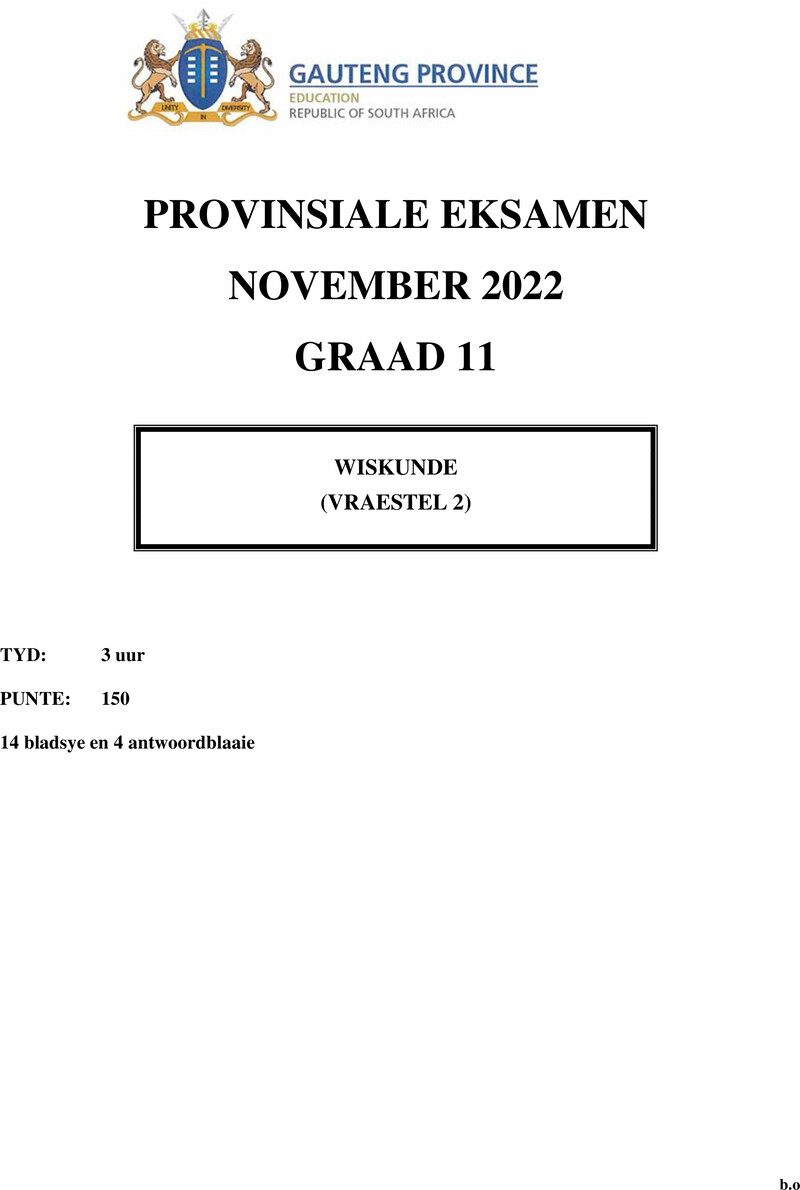 Grade 11 Mathematics past paper 2022 – grade 11 provincial exam mathematics p2 afr november 2022 qp