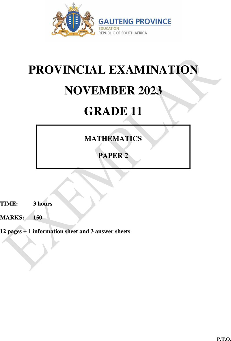 Grade 11 Provincial Exam Mathematics P2 Ng November 2023 QP