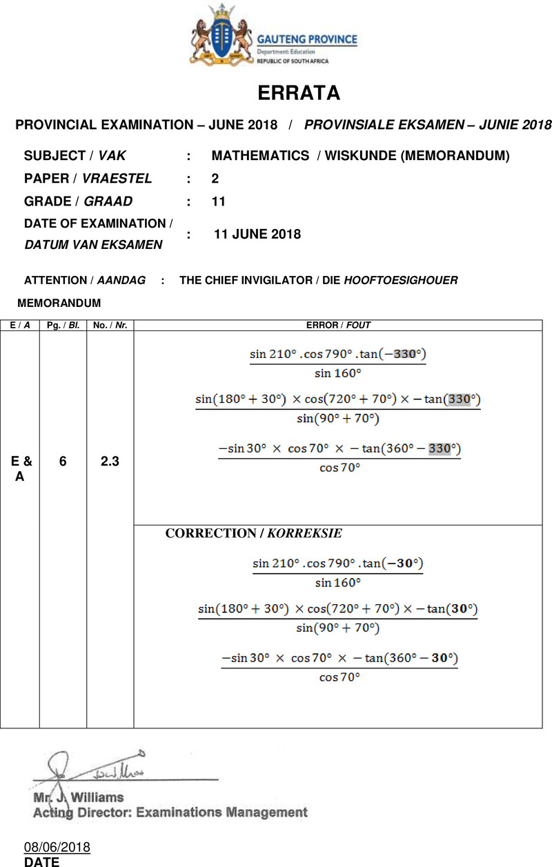 Grade 11 Provincial Exam Mathemetics P2 Afr June 2018 QP Errata