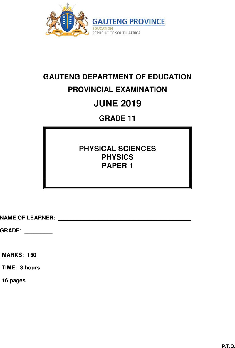 Grade 11 Provincial Exam Physical Sciences P1 Ng June 2019 QP