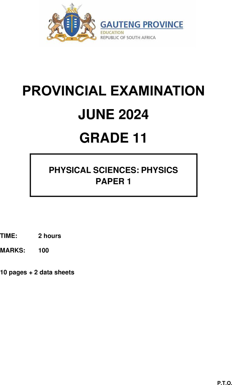 Grade 11 Provincial Exam Physical Sciences P1 Ng June 2024 QP