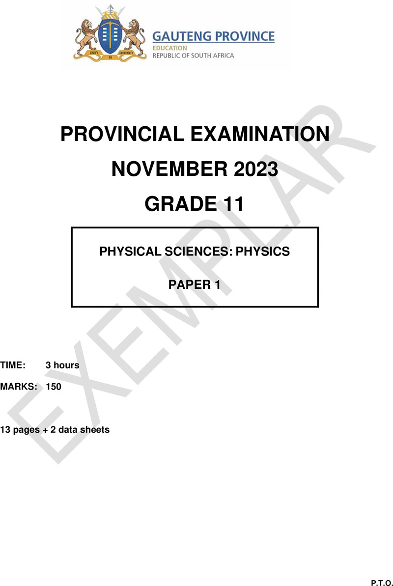 Grade 11 Provincial Exam Physical Sciences P1 Ng November 2023 QP