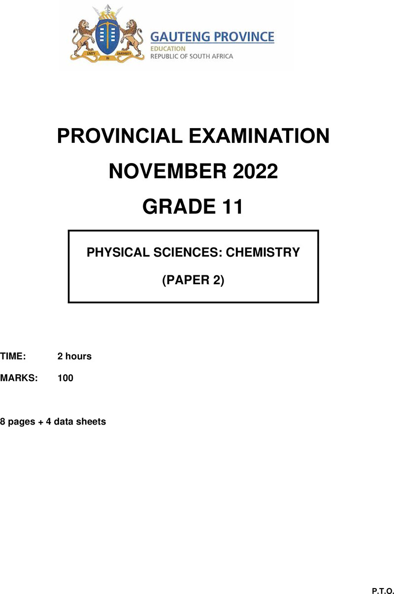 Grade 11 Provincial Exam Physical Sciences P2 Ng November 2022 QP