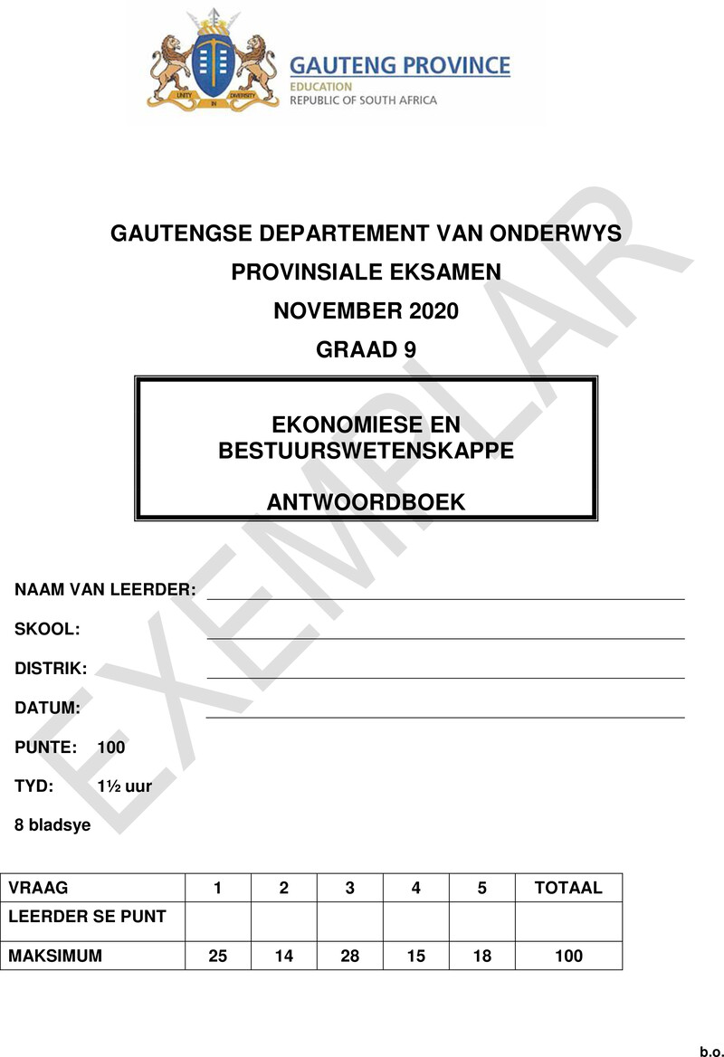 Grade 9 Provincial Exam Economic And Management Sciences Afr 2020 Exemplars Answer Book