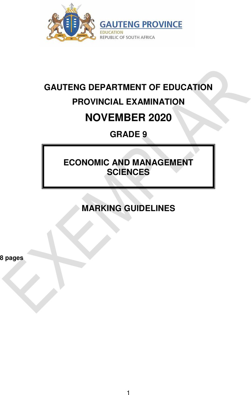 Grade 9 Provincial Exam Economic And Management Sciences Ng 2020 Exemplars Possible Answers