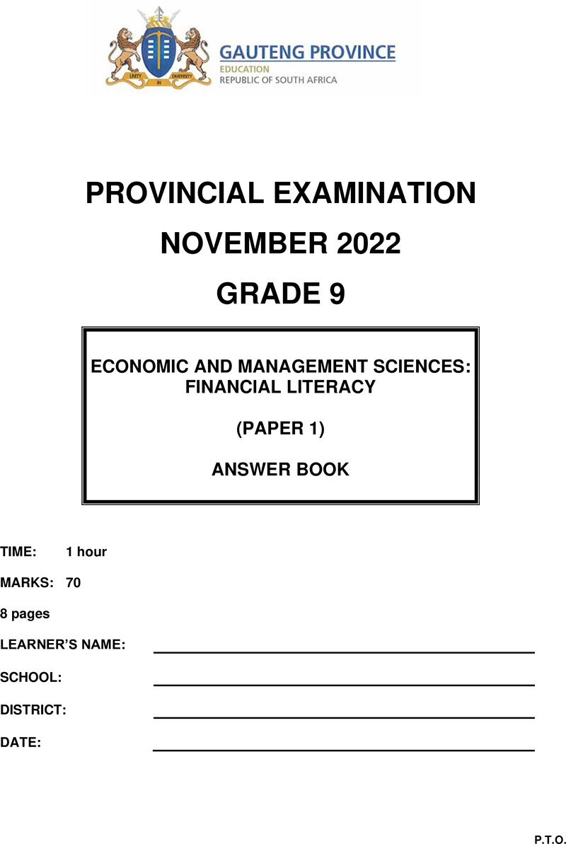 Grade 9 Provincial Exam Economics And Management Sciences P1 Ng November 2022 Answer Book