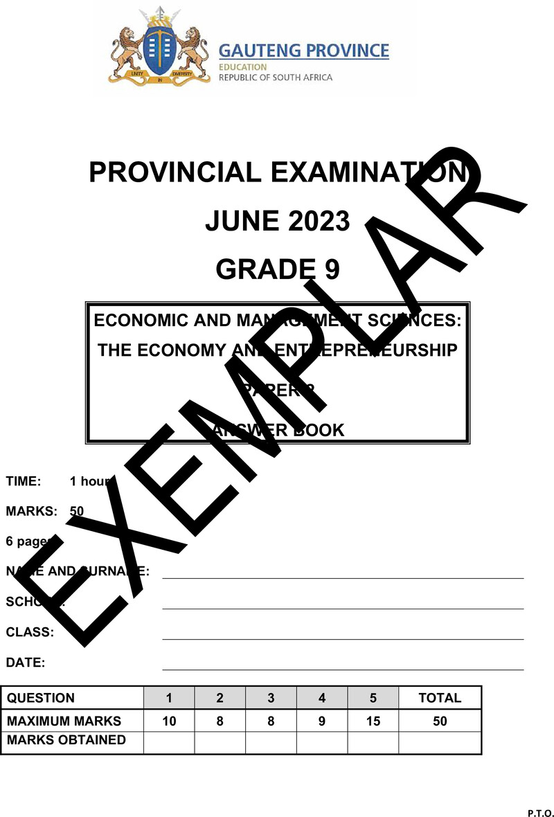 Grade 9 Provincial Exam Economics And Management Sciences P2 Afr June 2023 Answerbook