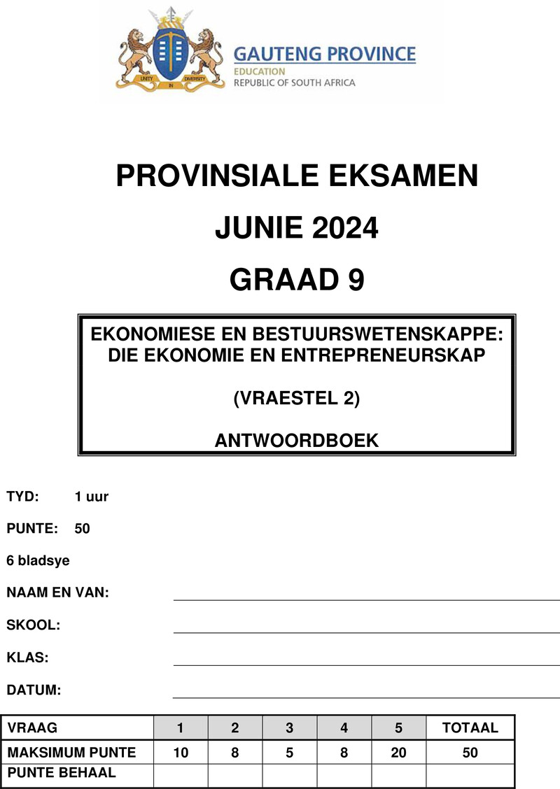 Grade 9 Provincial Exam Economics And Management Sciences P2 Afr June 2024 Answer Book