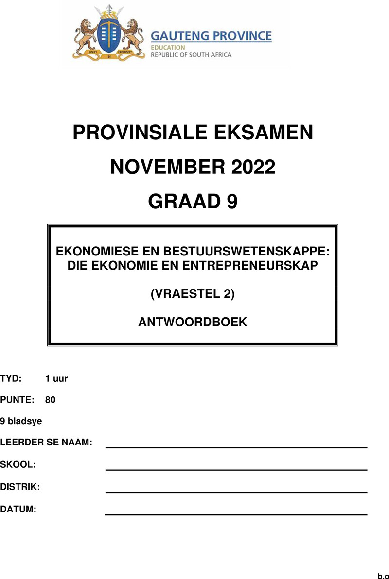 Grade 9 Provincial Exam Economics And Management Sciences P2 Afr November 2022 Answer Book