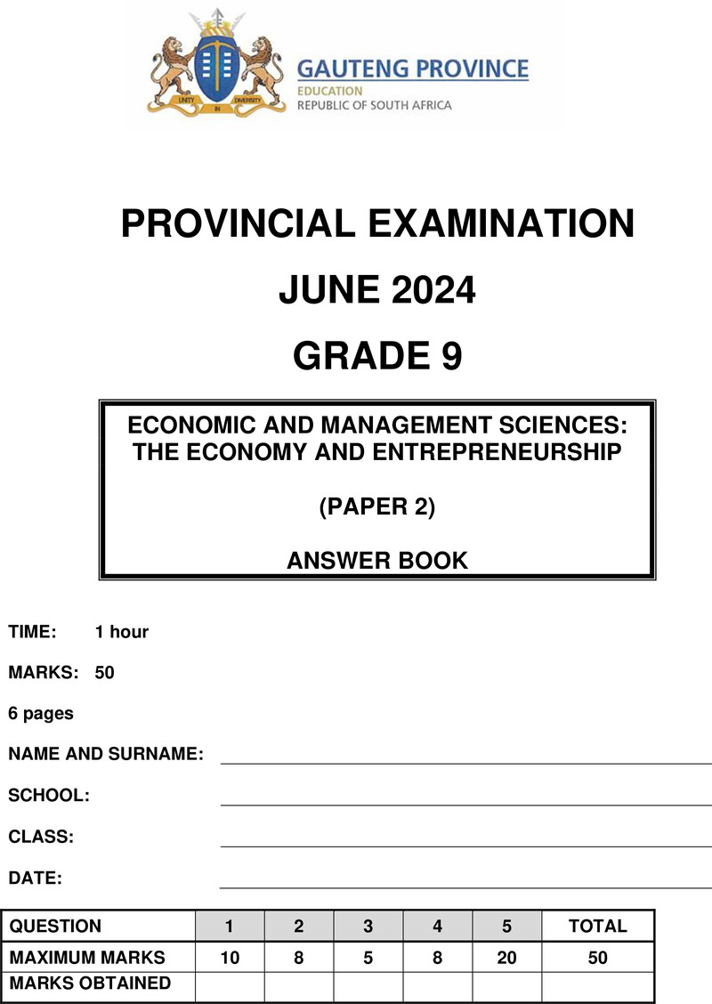 Grade 9 Provincial Exam Economics And Management Sciences P2 Ng June 2024 Answer Book