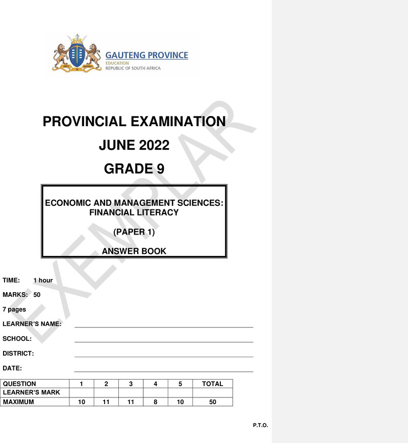 Grade 9 Provincial Exam Economics Management And Sciences P1 Ng June 2022 Answer Book