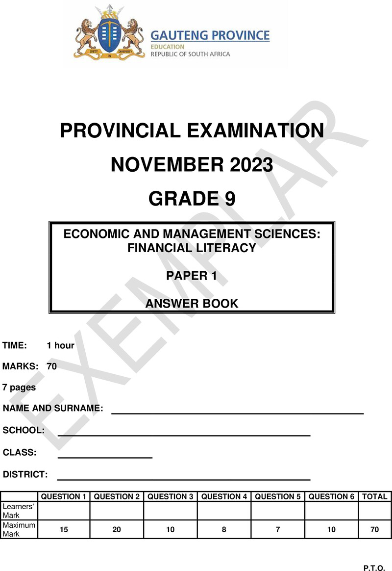 Grade 9 Provincial Exam Economics Management And Sciences P1 Ng November 2023 Answer Book
