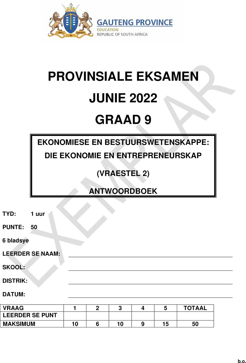 Grade 9 Provincial Exam Economics Management And Sciences P2 Afr June 2022 Answer Book