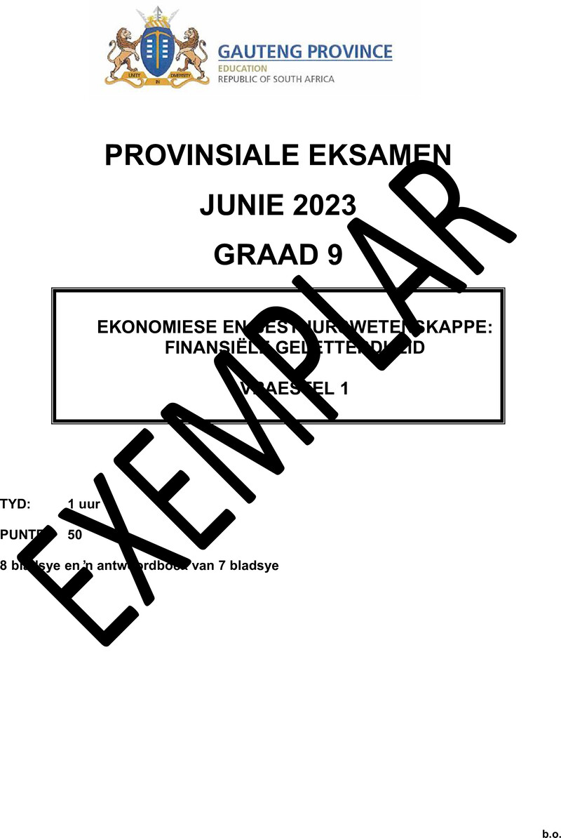Grade 9 Provincial Exam Economics And Management Sciences P1 Afr June 2023 QP