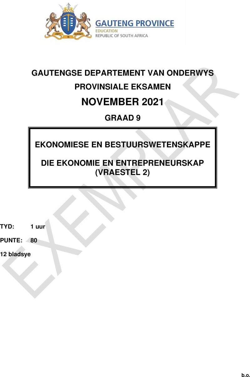 Grade 9 Provincial Exam Economics Management And Sciences P2 Afr November 2021 QP