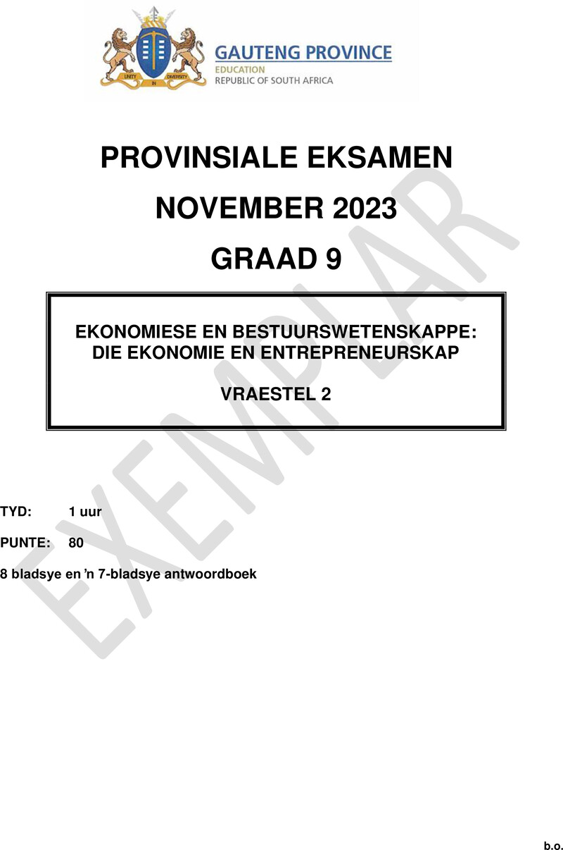 Grade 9 Provincial Exam Economics Management And Sciences P2 Afr November 2023 QP