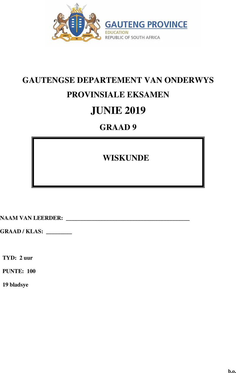 Grade 9 Mathematics past paper 2019 – grade 9 provincial exam mathematics afr june 2019 qp