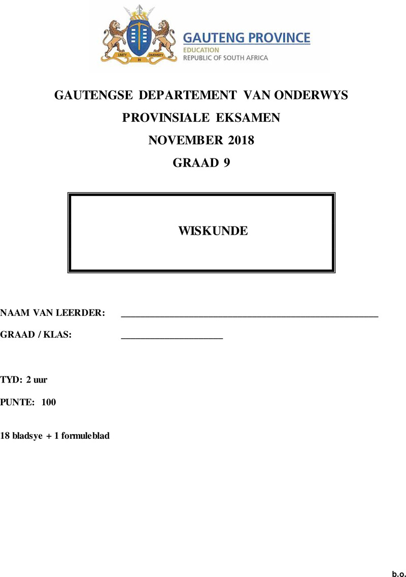 Grade 9 Provincial Exam Mathematics Afr November 2018 QP