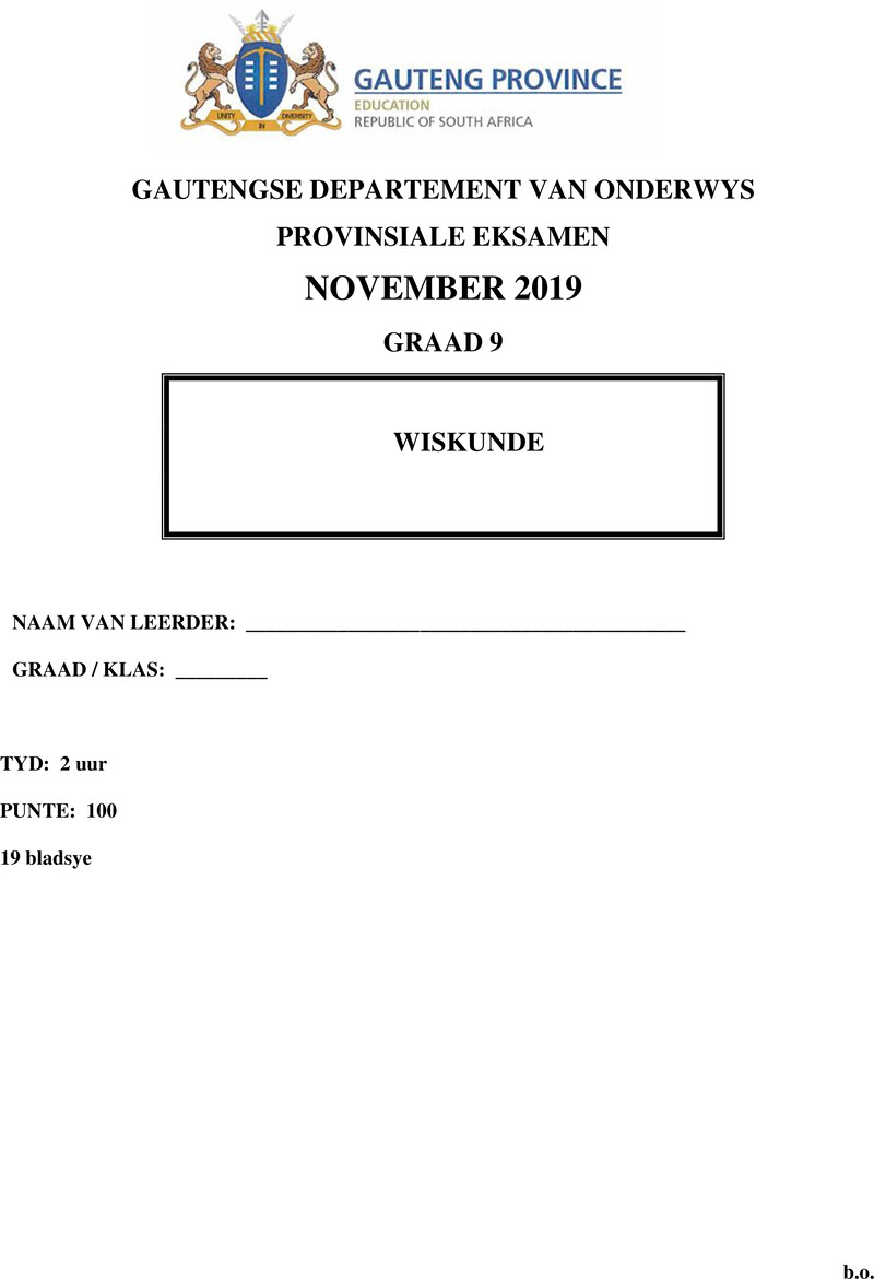 Grade 9 Provincial Exam Mathematics Afr November 2019 QP