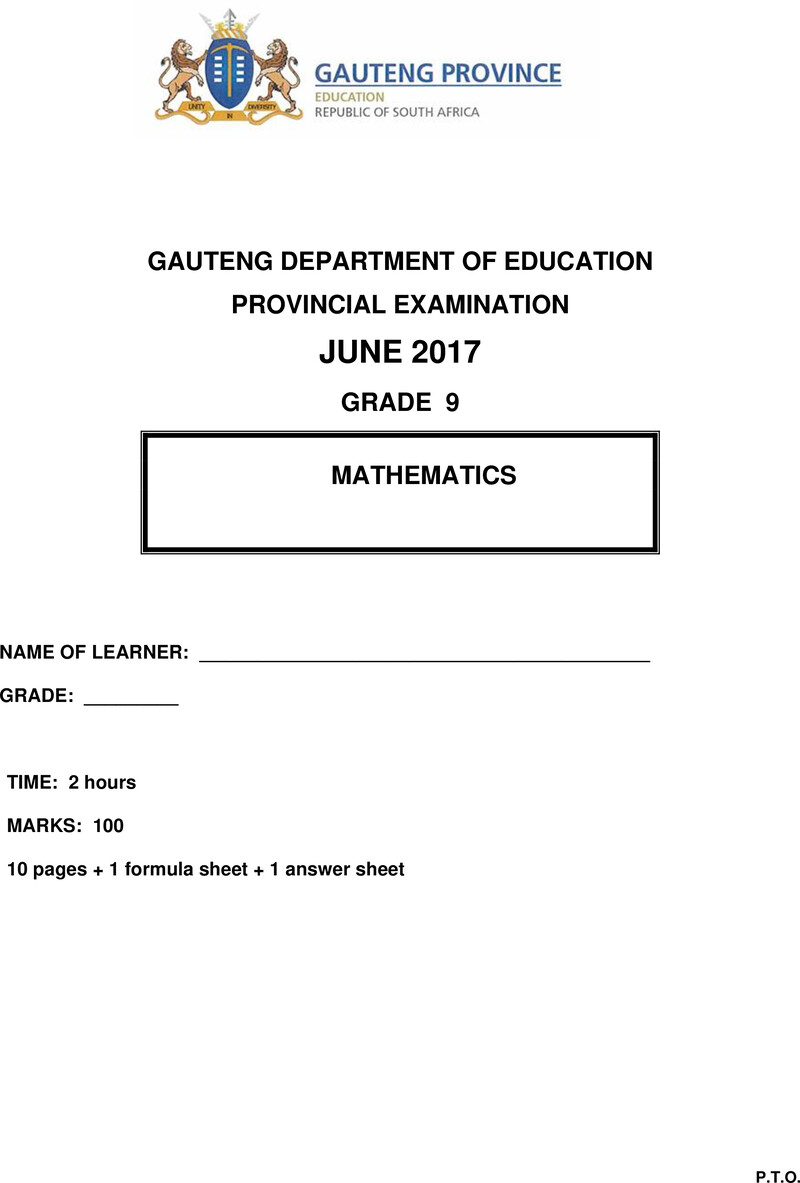 Grade 9 Provincial Exam Mathematics Ng June 2017 QP