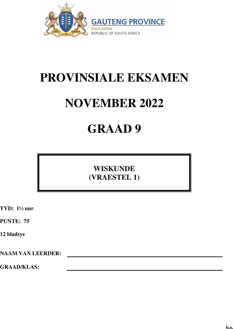 Grade 9 Provincial Exam Mathematics P1 Afr November 2022 QP