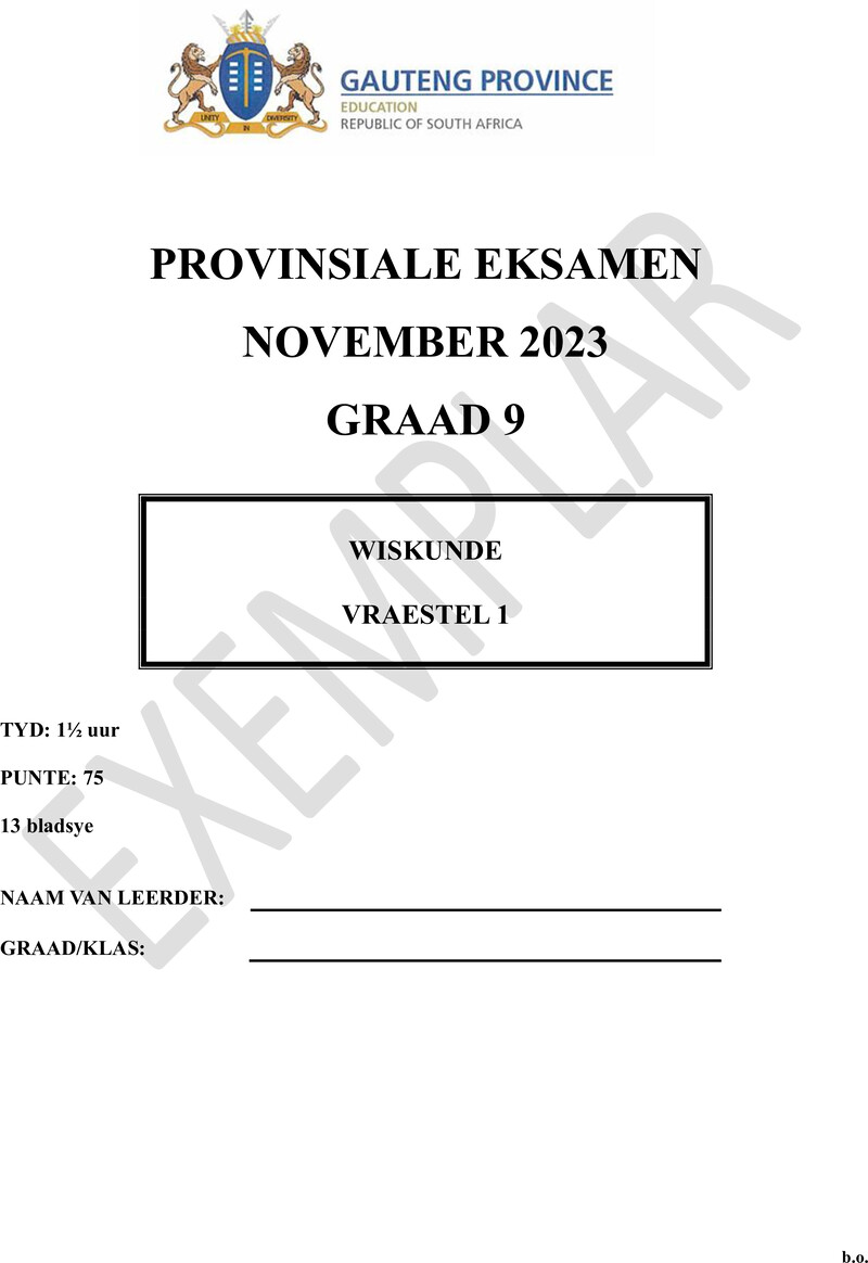 Grade 9 Provincial Exam Mathematics P1 Afr November 2023 QP
