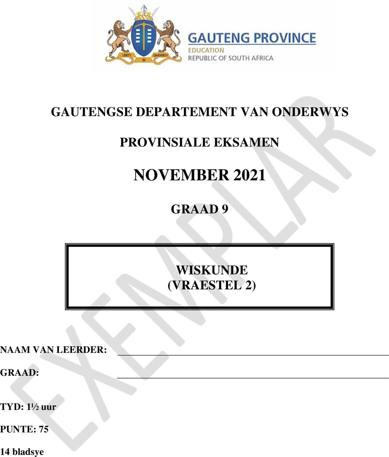 Grade 9 Provincial Exam Mathematics P2 Afr November 2021 QP