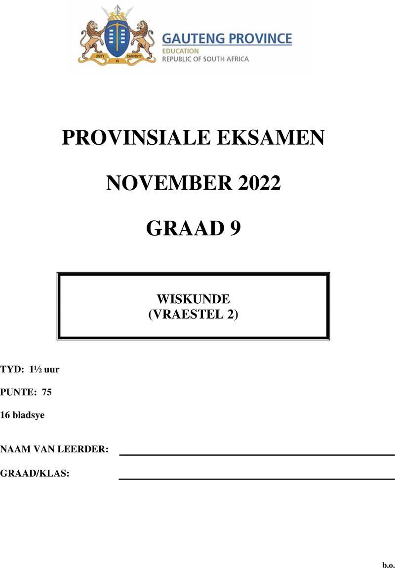 Grade 9 Provincial Exam Mathematics P2 Afr November 2022 QP